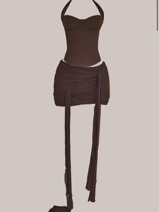 Mars The Label Dresses & Skirts - Women’s Brown Ruched Mini Skirt with Draped Ties